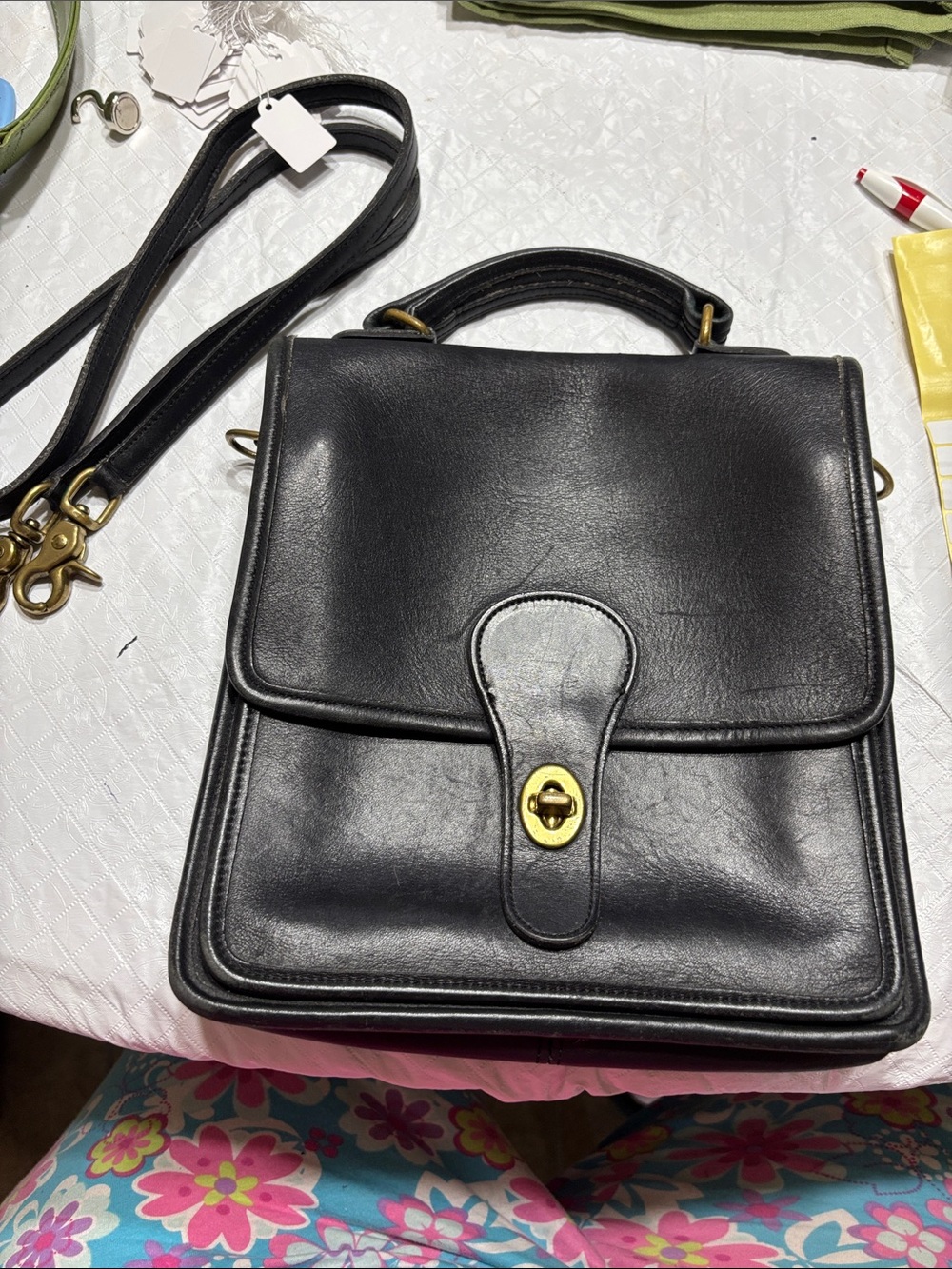 Coach Black Leather Crossbody Satchel with Gold Hardware
